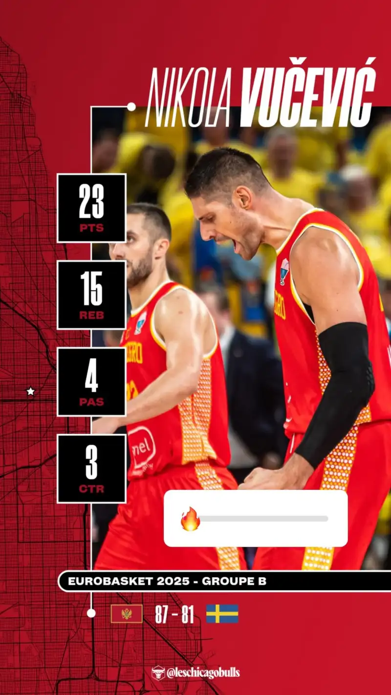 砍下23+15+4+3率队取胜！公牛官方晒武切维奇昨日欧锦赛数据